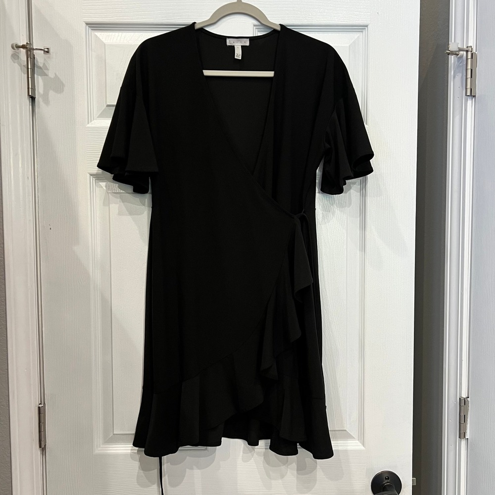 Leith Wrap Dress Polyester Spandex Black Stretch Jersey Ruffle Romantic LBD S